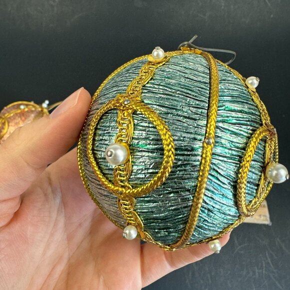 Vtg Hard Foam Round Ball Ornament Push Pin Pearls Metallic Pink Blue Gold Accent - Picture 14 of 16